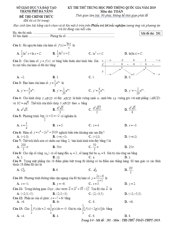 đề thi thử thpt quốc gia môn toán năm 2019 sở gd&đt đà nẵng