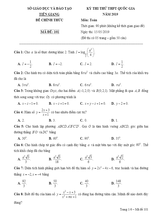 đề thi thử thpt quốc gia môn toán năm 2019 sở gd&đt tiền giang