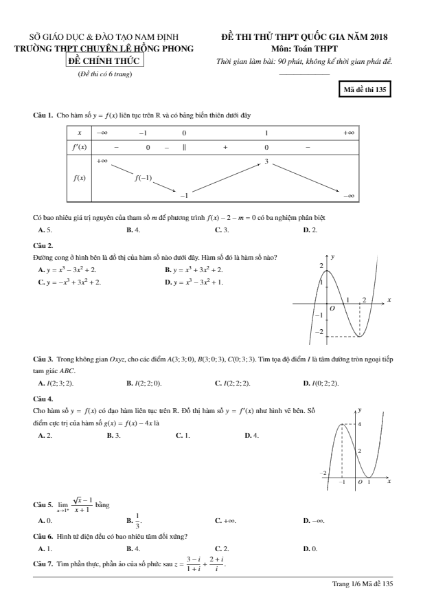 đề thi thử thptqg 2018 môn toán trường chuyên lê hồng phong – nam định