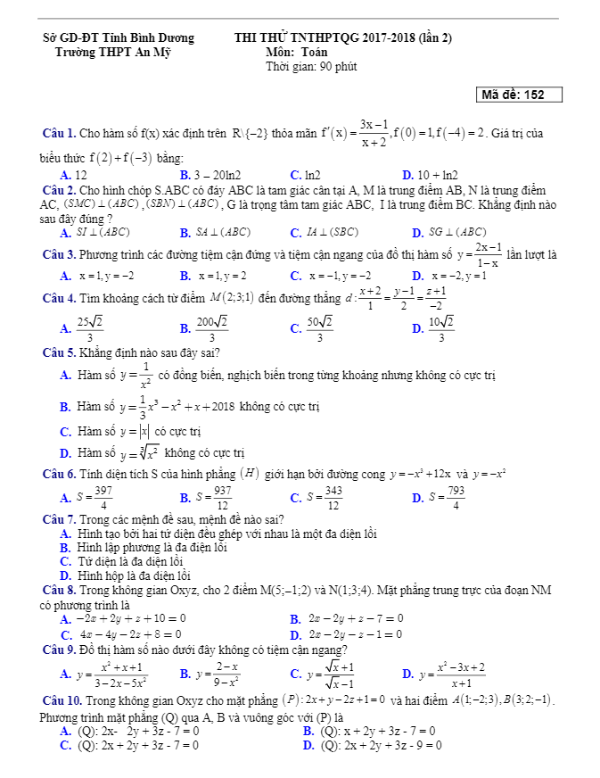 đề thi thử thptqg 2018 môn toán trường thpt an mỹ – bình dương lần 2