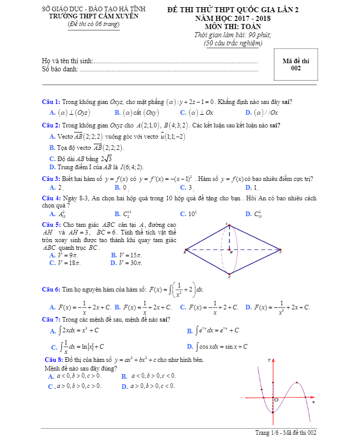 đề thi thử thptqg 2018 môn toán trường thpt cẩm xuyên – hà tĩnh lần 2