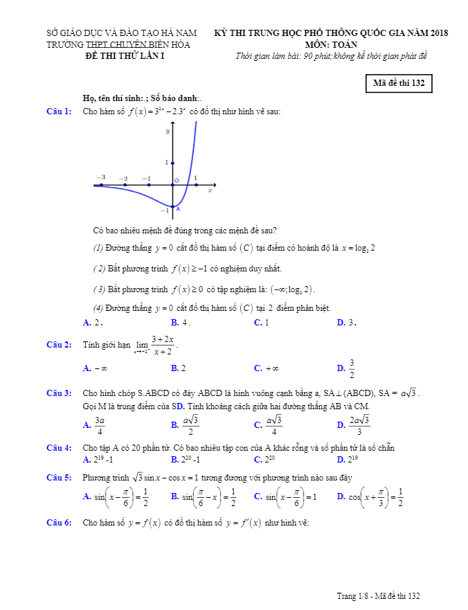 đề thi thử thptqg 2018 môn toán trường thpt chuyên biên hòa – hà nam lần 1