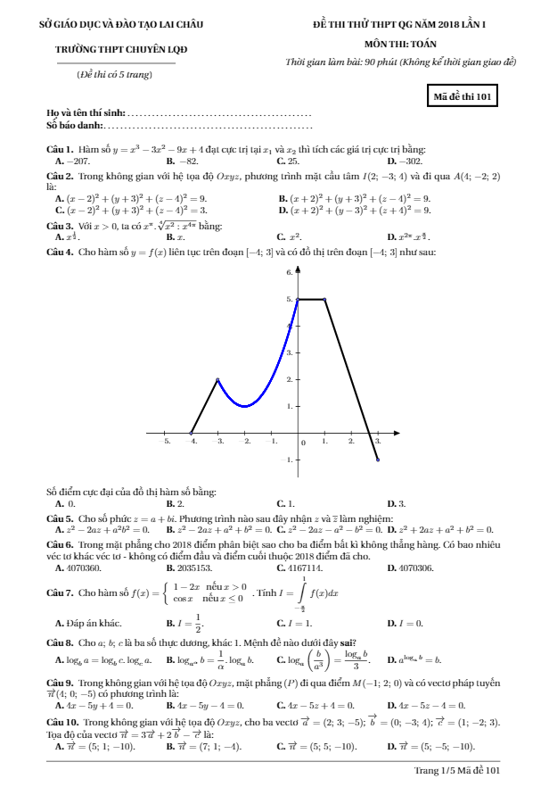 đề thi thử thptqg 2018 môn toán trường thpt chuyên lê quý đôn – lai châu lần 1