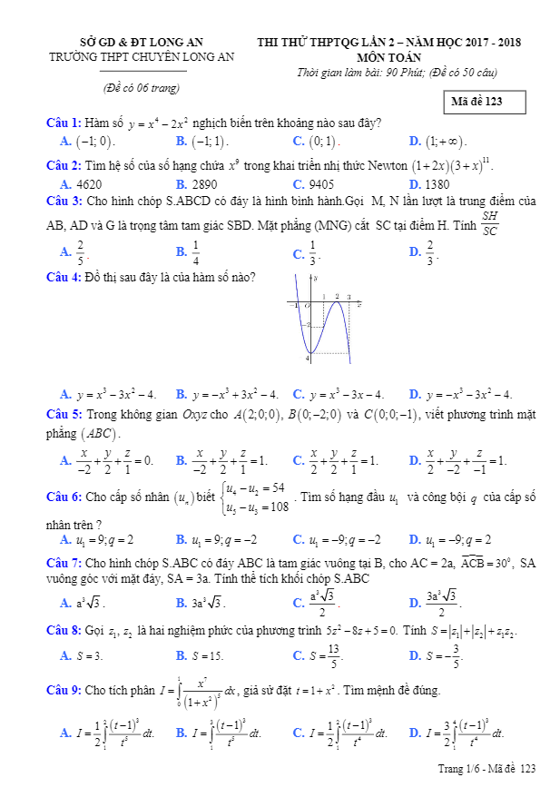 đề thi thử thptqg 2018 môn toán trường thpt chuyên long an lần 2