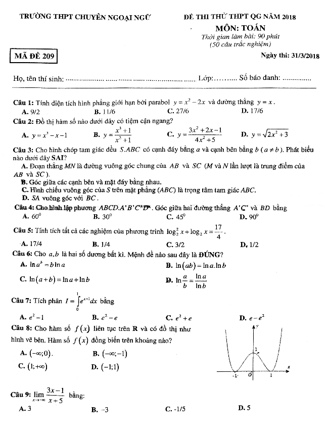đề thi thử thptqg 2018 môn toán trường thpt chuyên ngoại ngữ – hà nội