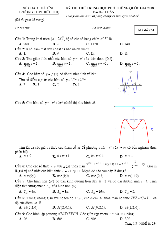 đề thi thử thptqg 2018 môn toán trường thpt đức thọ – hà tĩnh