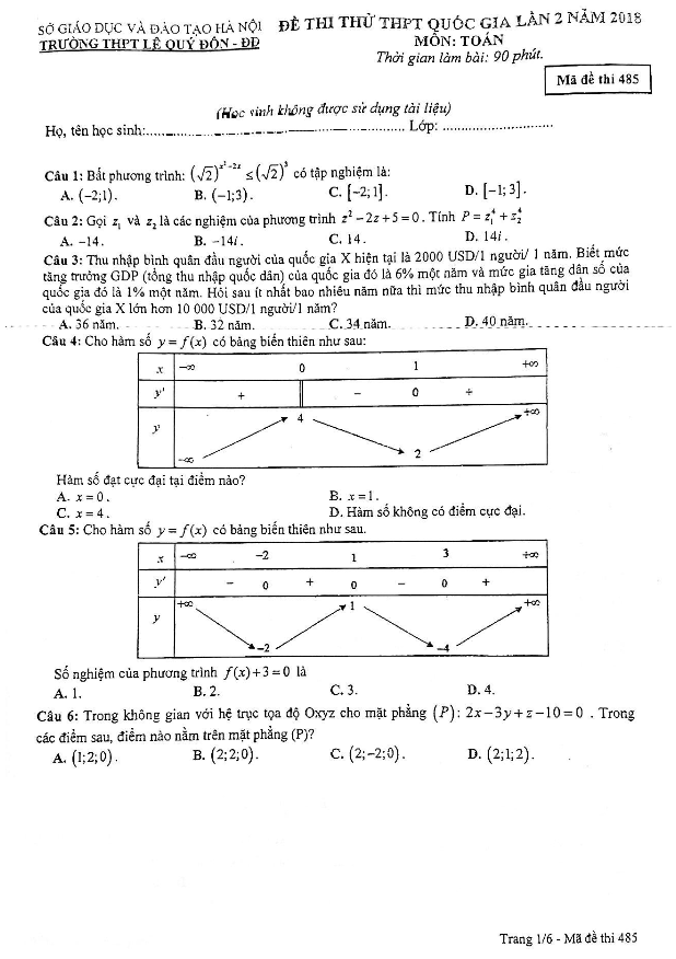 đề thi thử thptqg 2018 môn toán trường thpt lê quý đôn – hà nội lần 2