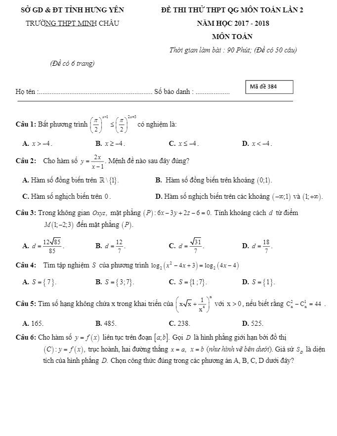 đề thi thử thptqg 2018 môn toán trường thpt minh châu – hưng yên lần 2