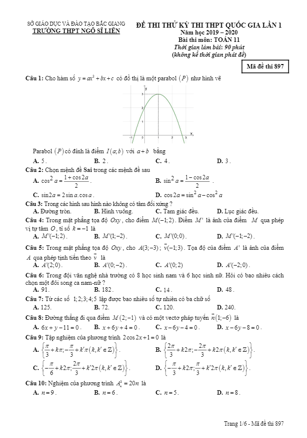 đề thi thử thptqg 2019 – 2020 toán 11 lần 1 trường ngô sĩ liên – bắc giang