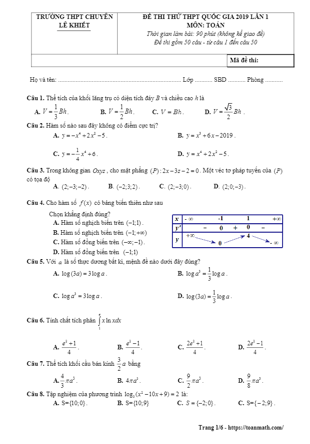 đề thi thử thptqg 2019 môn toán lần 1 trường chuyên lê khiết – quảng ngãi