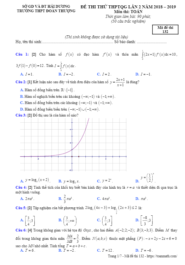 đề thi thử thptqg 2019 môn toán lần 2 trường đoàn thượng – hải dương