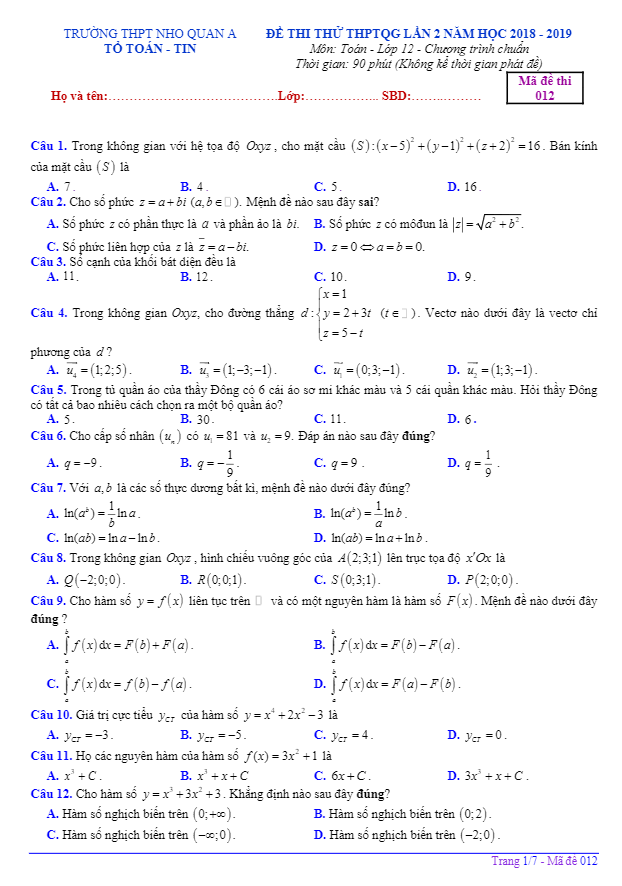 đề thi thử thptqg 2019 môn toán lần 2 trường nho quan a – ninh bình