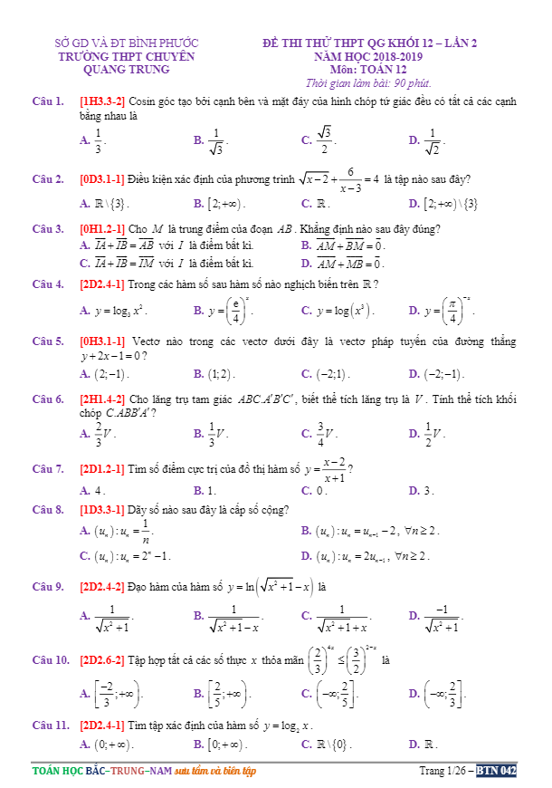 đề thi thử thptqg 2019 môn toán trường chuyên quang trung – bình phước lần 2