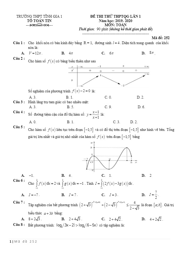 đề thi thử thptqg 2020 lần 1 môn toán trường thpt tĩnh gia 1 – thanh hóa