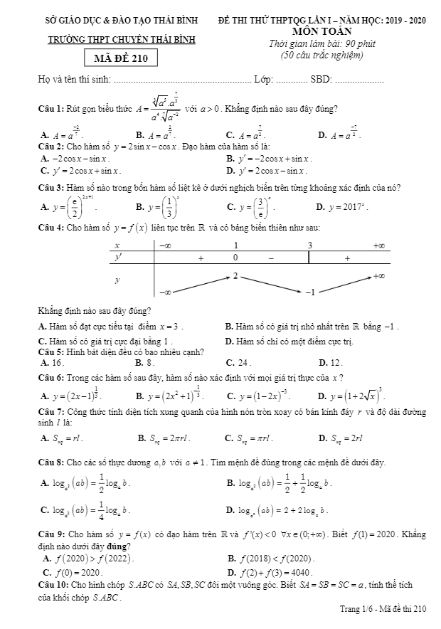 đề thi thử thptqg 2020 môn toán lần 1 trường thpt chuyên thái bình