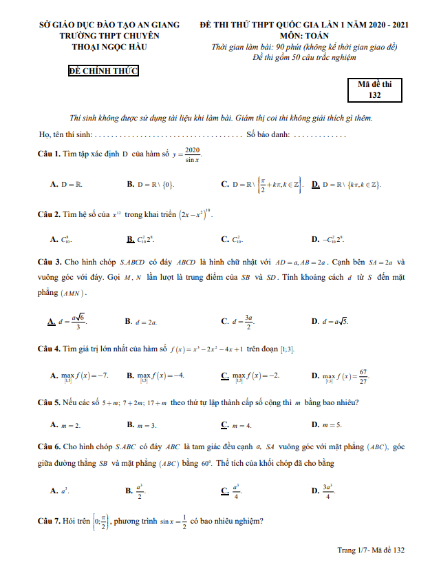 đề thi thử thptqg 2021 môn toán lần 1 trường chuyên thoại ngọc hầu – an giang