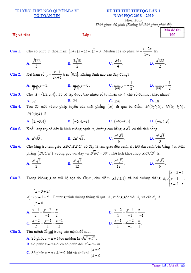 đề thi thử thptqg môn toán lần 1 năm 2019 trường thpt ngô quyền – hà nội