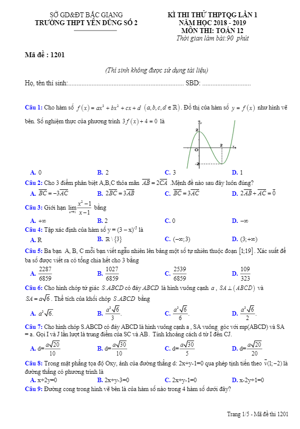 đề thi thử thptqg môn toán năm 2018 – 2019 trường yên dũng 2 – bắc giang lần 1