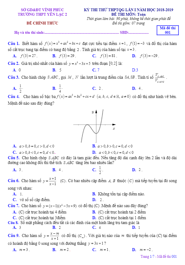 đề thi thử thptqg môn toán năm 2018 – 2019 trường yên lạc 2 – vĩnh phúc lần 1