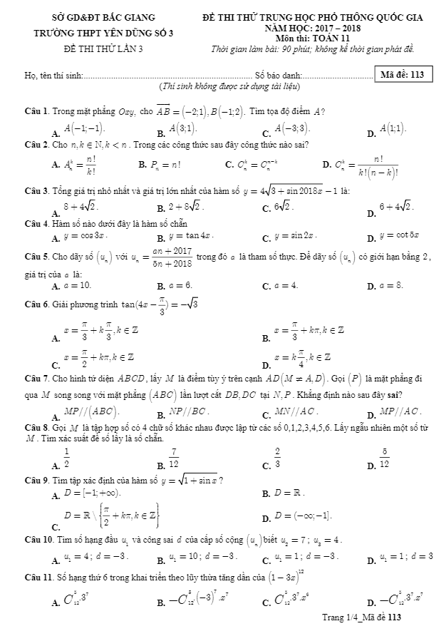 đề thi thử thptqg năm 2017 – 2018 toán 11 trường yên dũng 3 – bắc giang lần 3