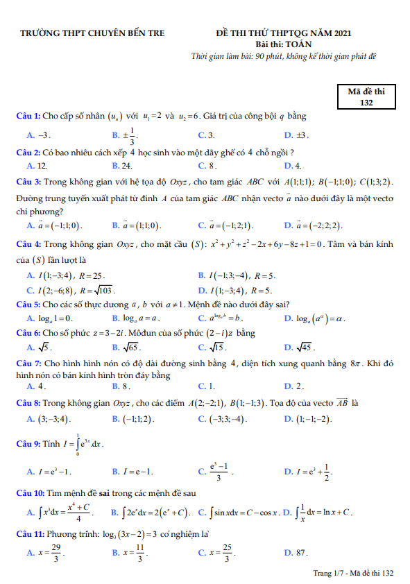 đề thi thử thptqg năm 2021 môn toán trường thpt chuyên bến tre