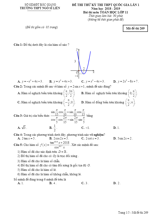đề thi thử thptqg toán 11 năm 2018 – 2019 lần 1 trường ngô sĩ liên – bắc giang