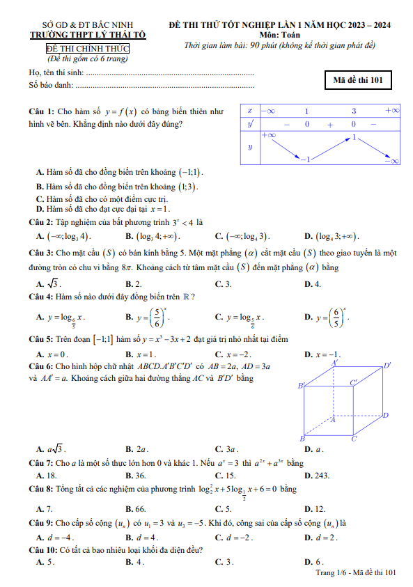 đề thi thử tn 2024 môn toán lần 1 trường thpt lý thái tổ – bắc ninh