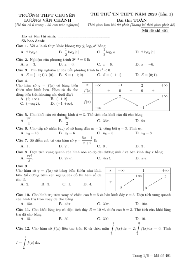 đề thi thử tn thpt 2020 lần 1 môn toán trường chuyên lương văn chánh – phú yên
