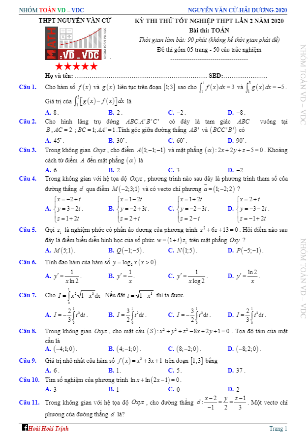 đề thi thử tn thpt 2020 lần 2 môn toán trường thpt nguyễn văn cừ – hải dương