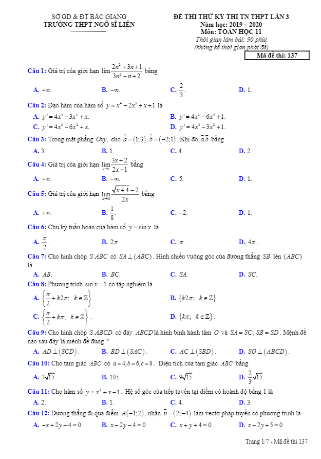 đề thi thử tn thpt 2020 lần 3 môn toán 11 trường thpt ngô sĩ liên – bắc giang