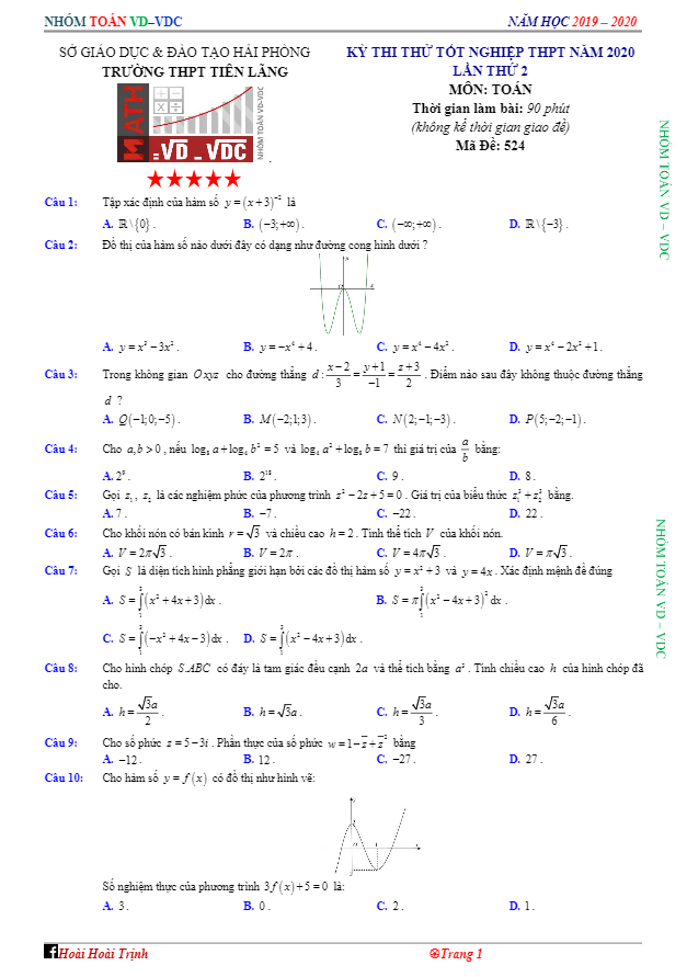 đề thi thử tn thpt 2020 môn toán lần 2 trường thpt tiên lãng – hải phòng