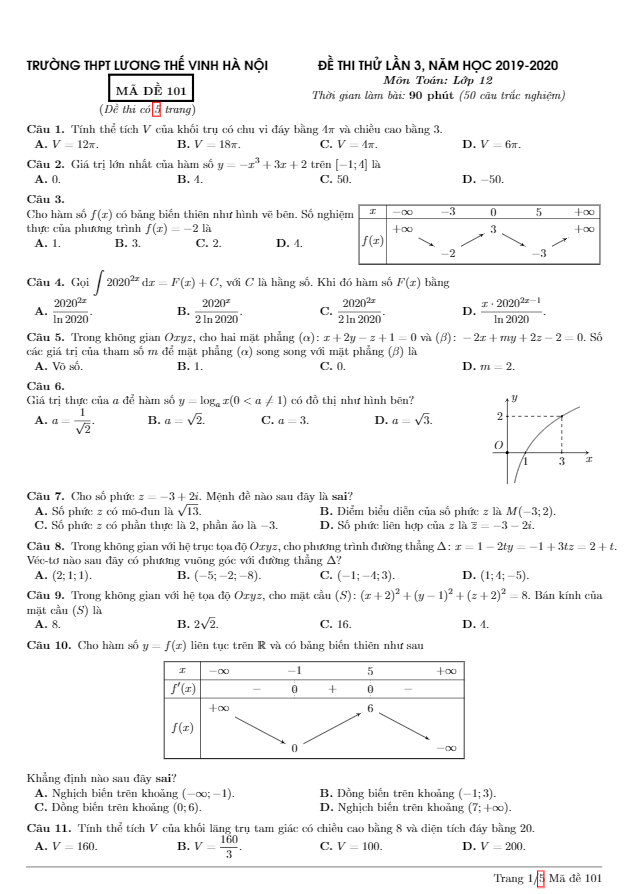 đề thi thử tn thpt 2020 môn toán lần 3 trường lương thế vinh – hà nội