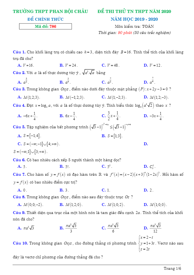 đề thi thử tn thpt 2020 môn toán trường thpt phan bội châu – khánh hòa