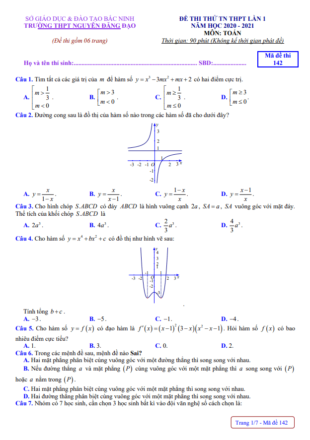 đề thi thử tn thpt 2021 môn toán lần 1 trường nguyễn đăng đạo – bắc ninh