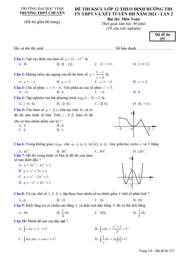 đề thi thử tn thpt 2021 môn toán lần 2 trường thpt chuyên đh vinh – nghệ an