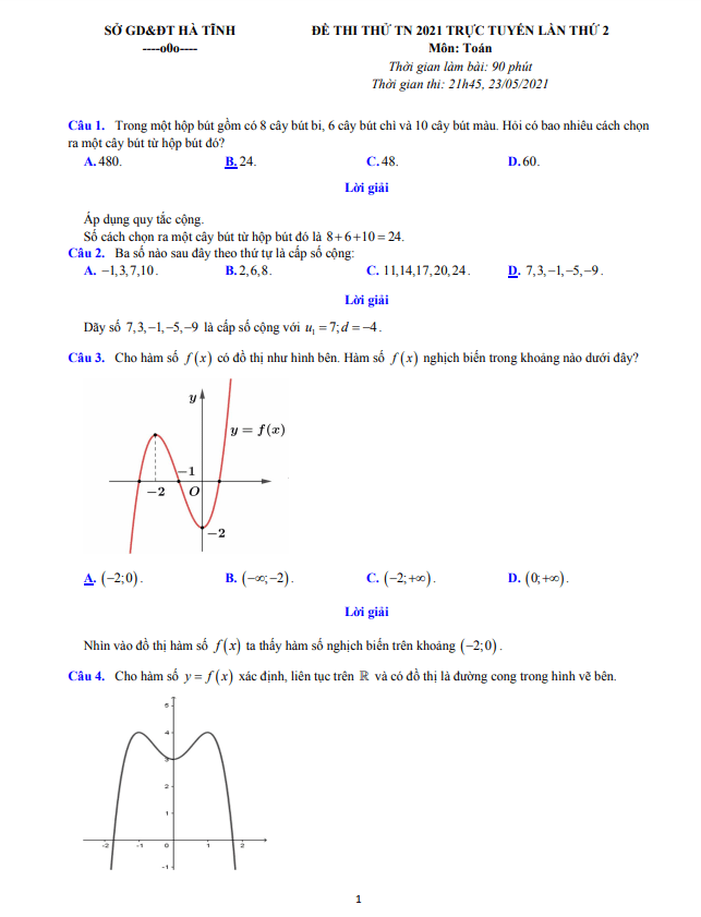 đề thi thử tn thpt 2021 môn toán trực tuyến lần 2 sở gd&đt hà tĩnh