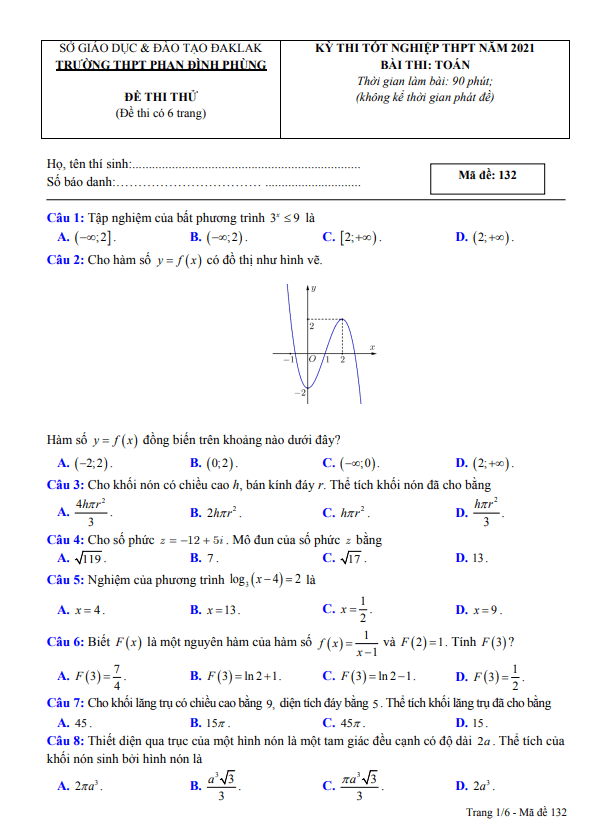 đề thi thử tn thpt 2021 môn toán trường thpt phan đình phùng – đắk lắk