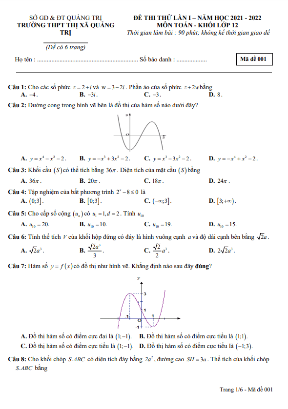 đề thi thử tn thpt 2022 môn toán lần 1 trường thpt thị xã quảng trị