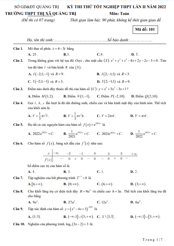 đề thi thử tn thpt 2022 môn toán lần 2 trường thpt thị xã quảng trị