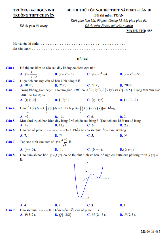 đề thi thử tn thpt 2022 môn toán lần 3 trường thpt chuyên đh vinh – nghệ an