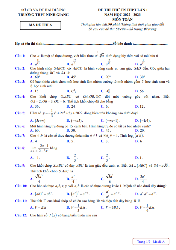 đề thi thử tn thpt 2023 lần 1 môn toán trường thpt ninh giang – hải dương