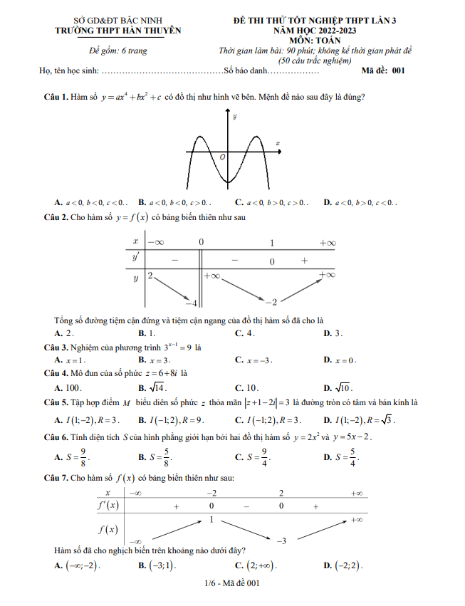 đề thi thử tn thpt 2023 lần 3 môn toán trường thpt hàn thuyên – bắc ninh
