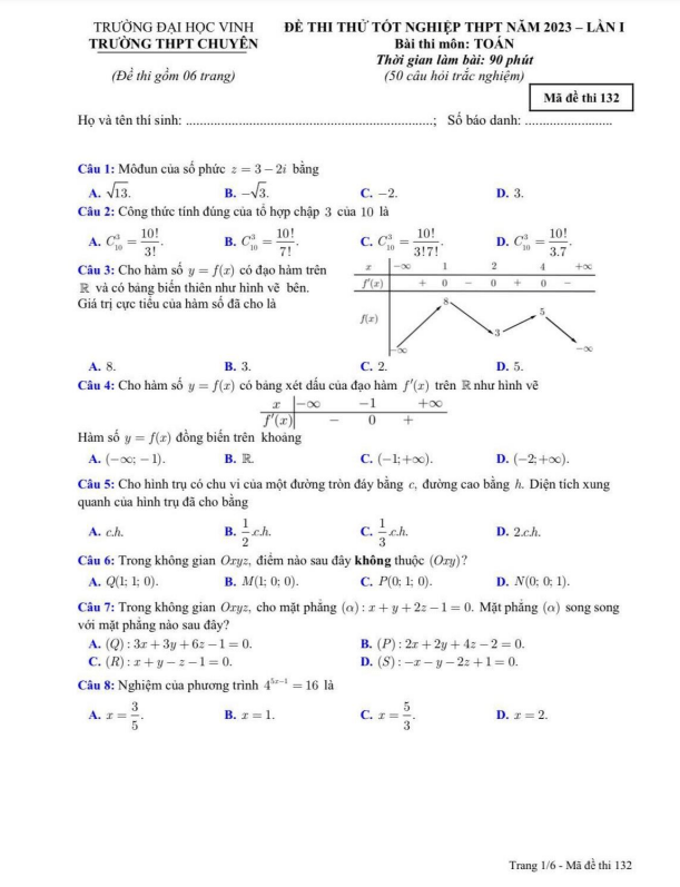 đề thi thử tn thpt 2023 môn toán lần 1 trường thpt chuyên đh vinh – nghệ an