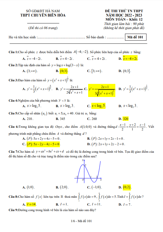 đề thi thử tn thpt 2023 môn toán lần 2 trường chuyên biên hòa – hà nam
