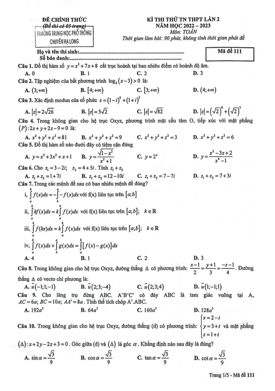 đề thi thử tn thpt 2023 môn toán lần 2 trường chuyên hạ long – quảng ninh