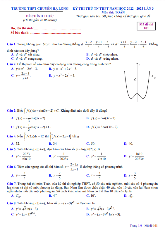đề thi thử tn thpt 2023 môn toán lần 3 trường chuyên hạ long – quảng ninh