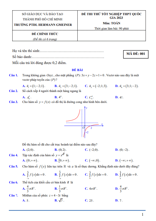 đề thi thử tn thpt 2023 môn toán trường ptdl hermann gmeiner – tp hcm
