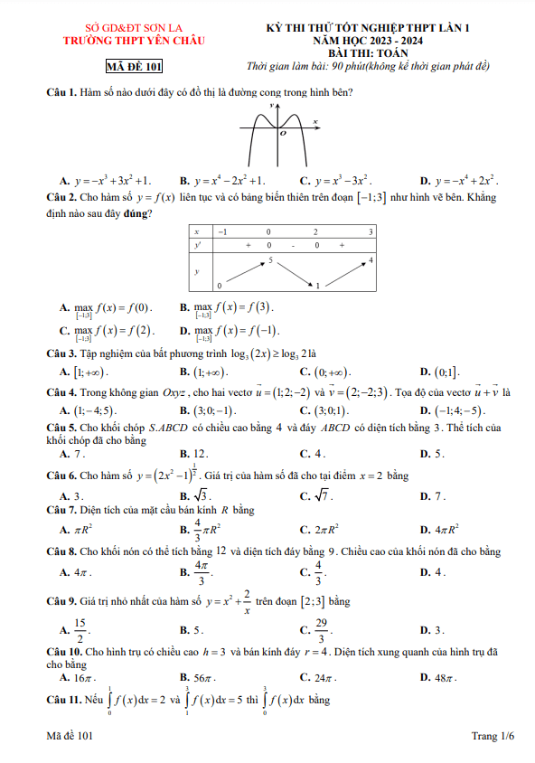 đề thi thử tn thpt 2024 lần 1 môn toán trường thpt yên châu – sơn la