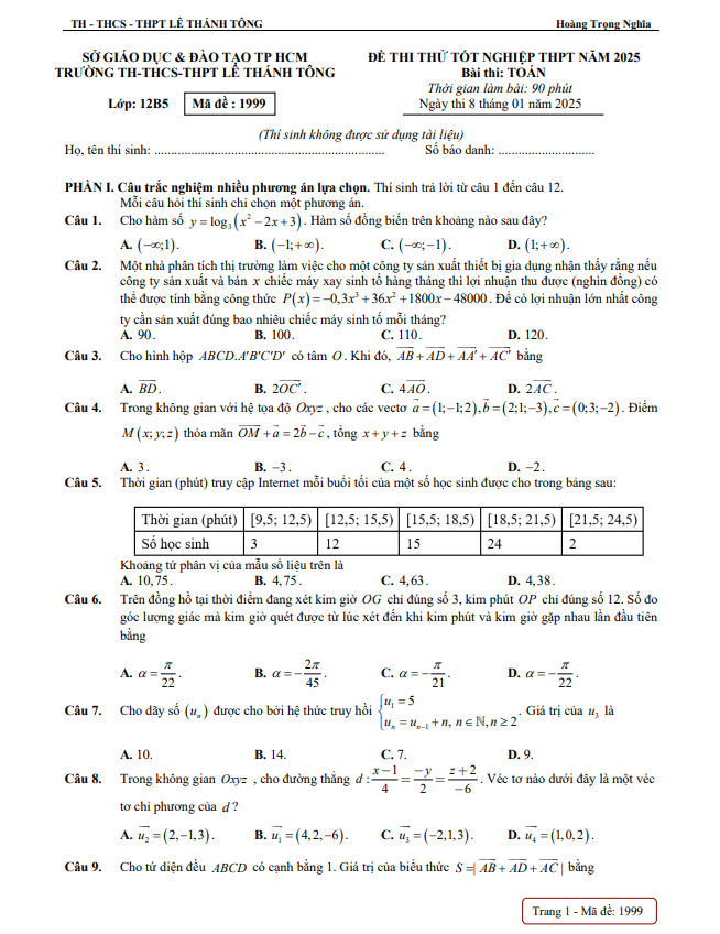 đề thi thử tn thpt 2025 môn toán lần 2 trường lê thánh tông – tp hcm