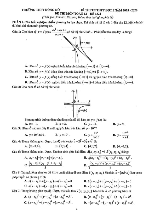 đề thi thử tn thpt 2026 đợt 1 môn toán trường thpt đông đô – hà nội